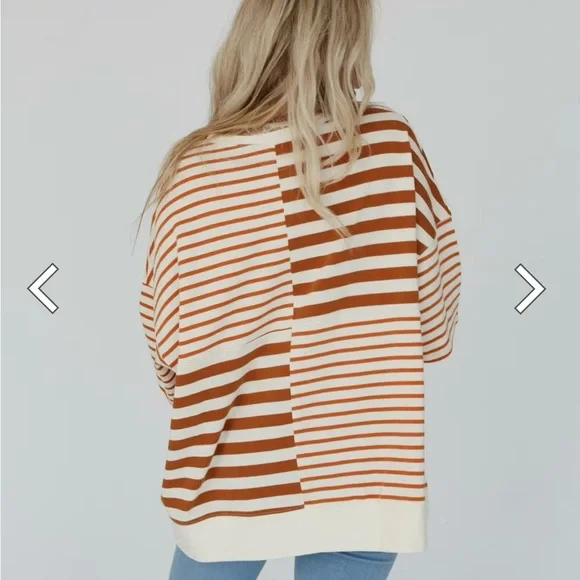 NWT Three Bird Nest Cream and Brown Striped Button-Down Shirt - Picture 2 of 4